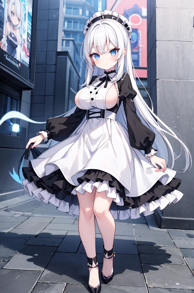 Anime-style image of a woman with white hair and black clothing, Cute 3D anime girl render, Cute anime waifu in a nice dress, Anime VTuber Full Body Model, Anime girl in white costume, Highly detailed characters, Official character art,Mystery Hunter,Big Tits,ghost