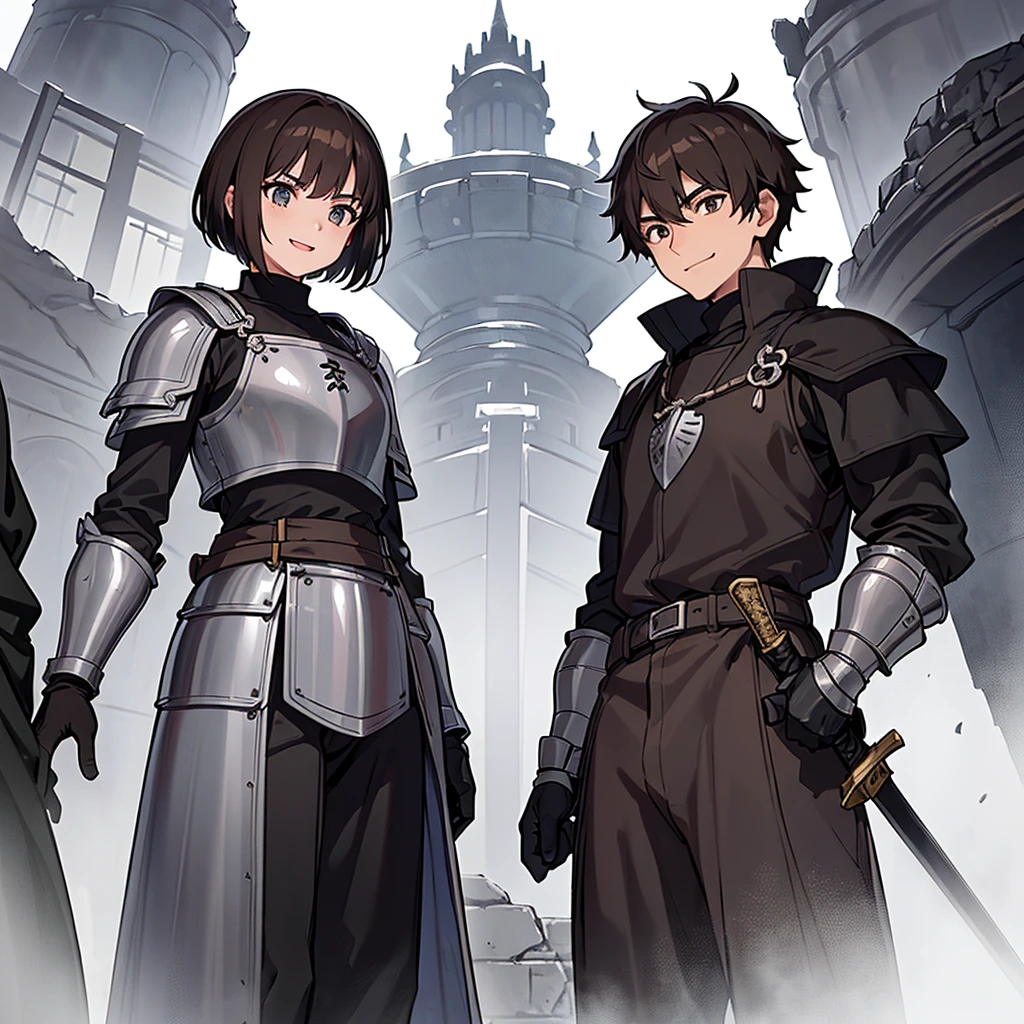 Best illustrations、Best Quality、(((Simple grey armor、Black trousers、Black gloves、Short Hair、Brown Hair、20 year old man)))、(((Grab the sword、Get Ready)))、(Old ruins、desert。Grass)、Fall to the floor、(Black, muddy swamp)、(仮面の中世の騎士が10 people)、(smile、Open your mouth、smile、Smile)、(lots of medieval knights、10 people)、battlefield、(From below)、(White background)、Raise your hands