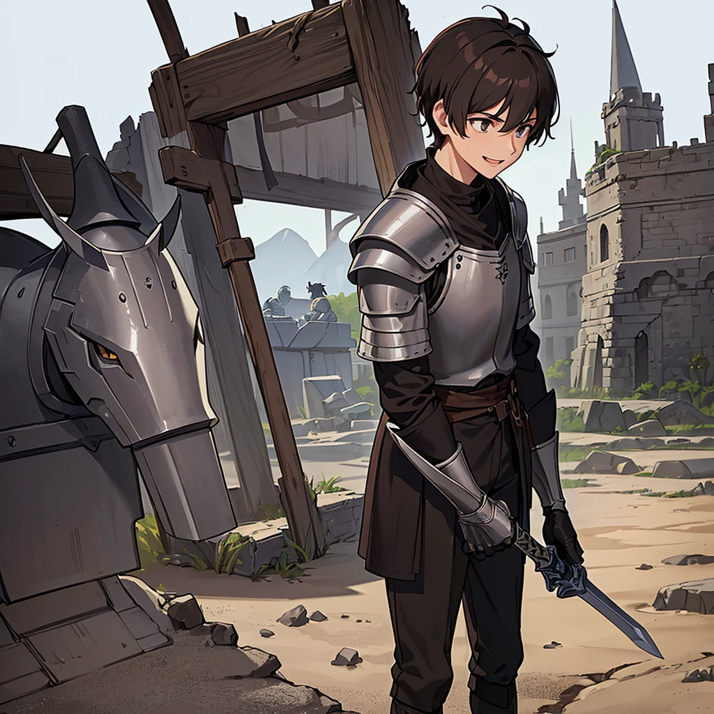 Best illustrations、Best Quality、(((Simple grey armor、Black trousers、Black gloves、Short Hair、Brown Hair、20 year old man)))、(((Grab the sword、Get Ready)))、(Old ruins、desert。Grass)、Fall to the floor、(Black, muddy swamp)、(仮面の中世の騎士が10 people)、(smile、Open your mouth、smile、Smile)、(lots of medieval knights、10 people)、battlefield、(From below)、(White background)、Raise your hands