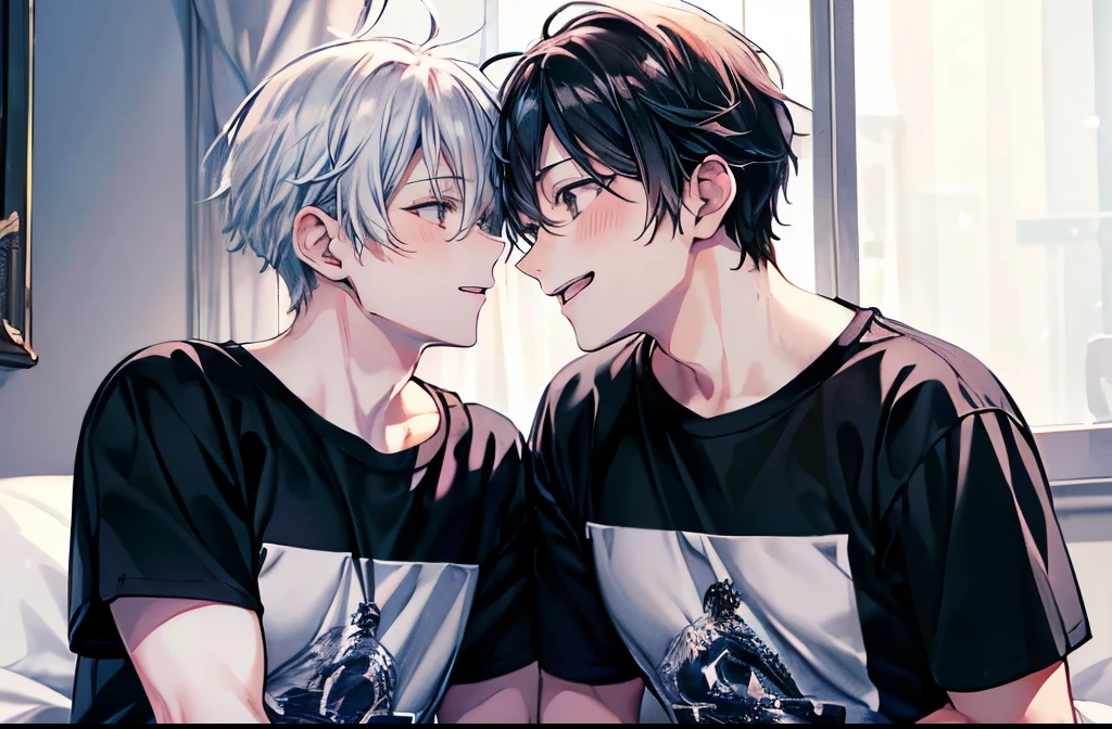 (Mastepiece), (Best Quality), Very detailed, ((Two men kissing on the cheek)), Perfect Face, (Happy Face:1.3)、Beautiful Face, Very detailed顔,(One black-haired man:1.3),(One white-haired man:1.3),T-Shirts、smile、bed
