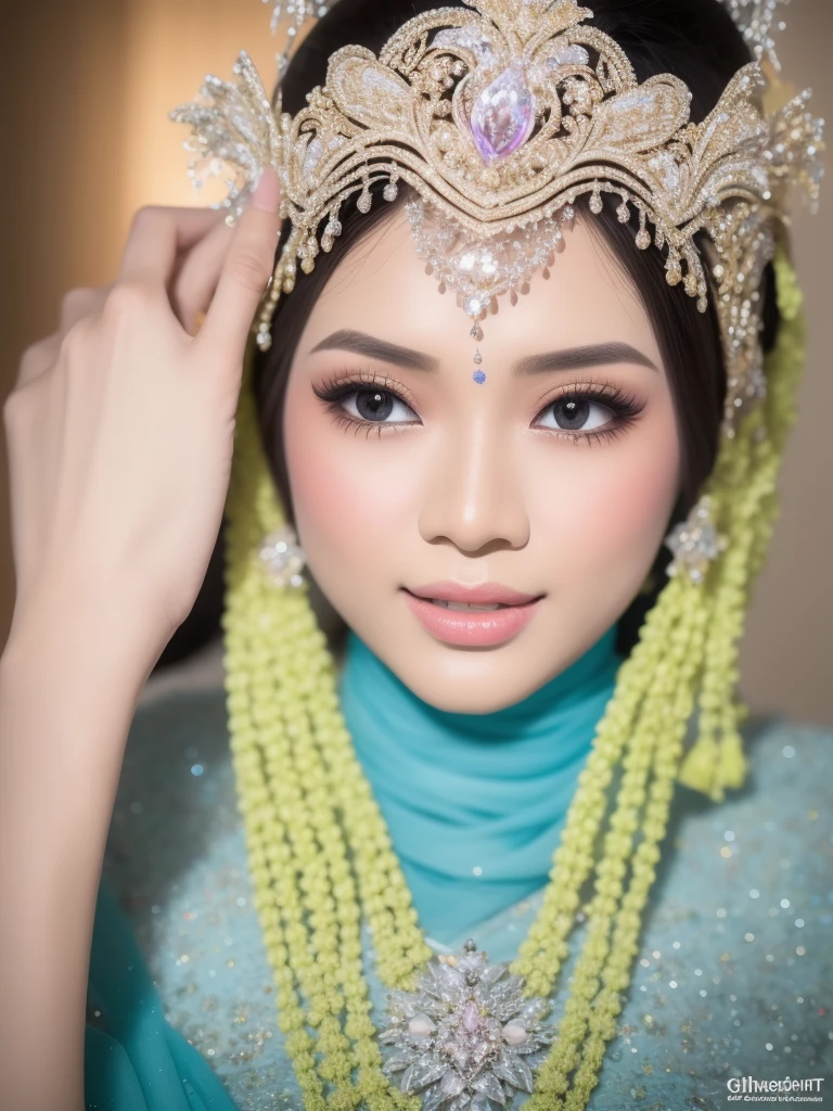 close up of beautiful woman, a sweet mouth, delicate lips, seductive lips, light on the face, dynamic pose, hiding hands, pengantin_sunda. Ultra detailed, 8K, HDR, Octane Render, Redshift, Unreal Engine 5. Professionally color graded, atmosphere, amazing depth, rich colors, powerful imagery, psychedelic overtones, 4K, 8K.