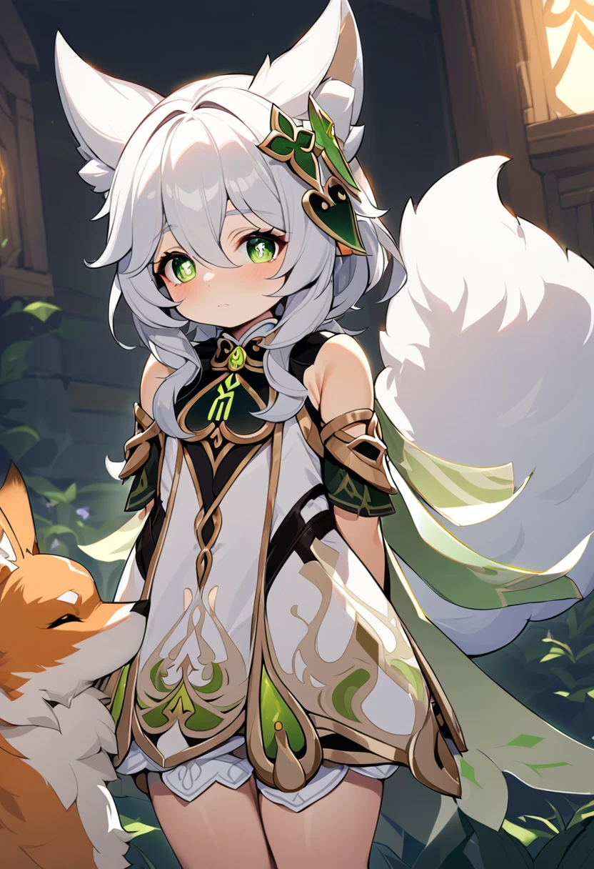 (fluffy anthro hairy:1.3),  1 Girl, Solitary, hair, fox, fox ears, hairy, Nashida (Genshin Impact),Cross-shaped pupil, Green Eyes,(Ponytail, Pointed ears:0.6),best quality,masterpiece,Very delicate and beautiful , (There is a cute girl in the center:1.2), (Solitary:1.3), Nashida (Genshin Impact), Cross-shaped pupil, (Ponytail, Pointed ears,:0.6) ,Cowboy shooting,Put your hands behind your back,Two hands,fluffy fox tail,