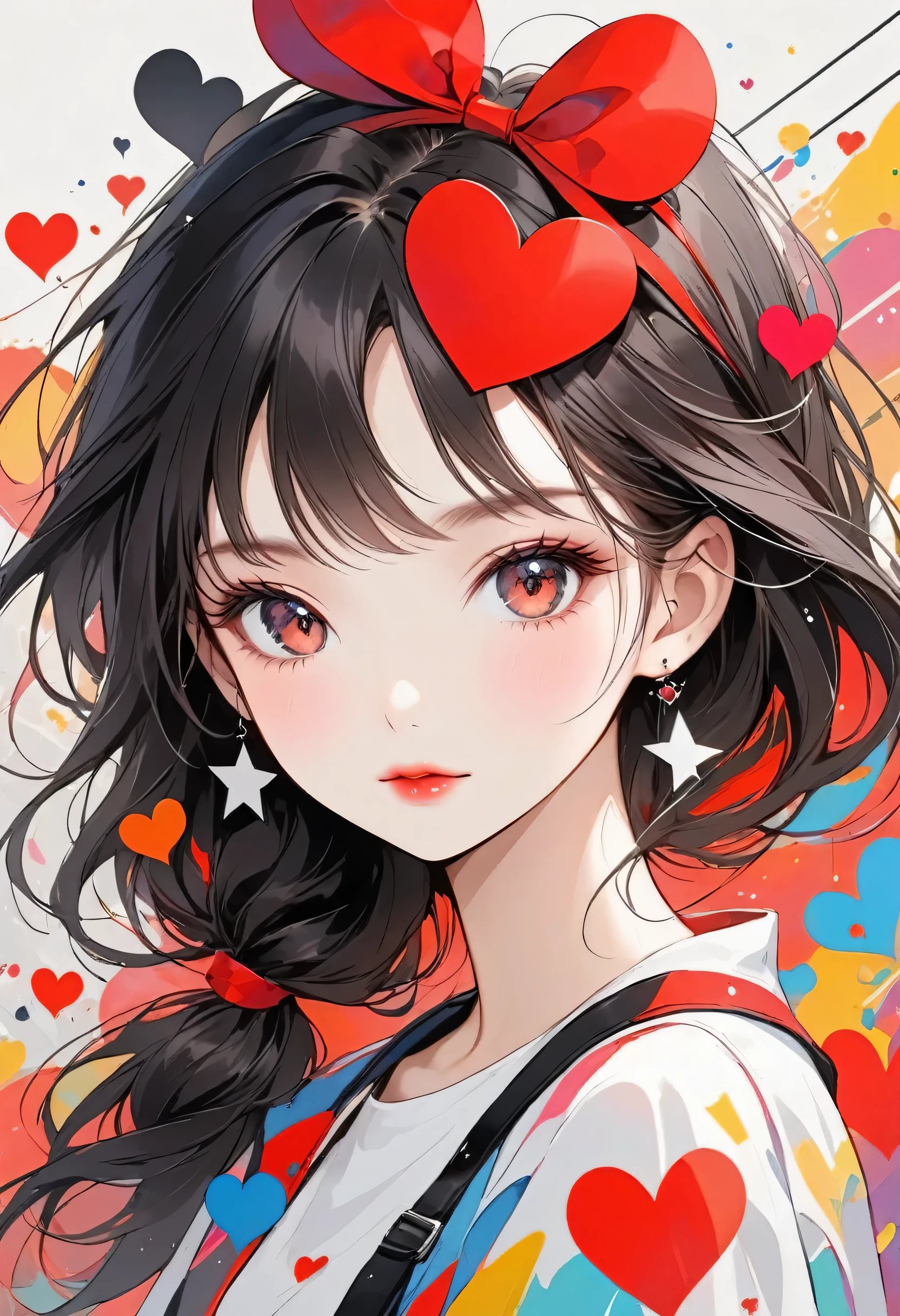 Black Star Red and White style, Simple Line Initialism，Abstract art，Urban Background, (((The most beautiful girl of all time))), Sweet face. Lips in love, colorful hearts, stylish design