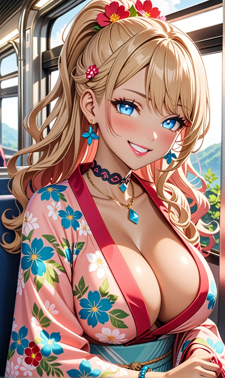 ultra-detailed, ((one girl)),  (tan skin:1.4), in pastel colors gyaru, (heavy makeup), (professional lighting) hyper detailed, absurdres, 8k, Beautiful Face, (Laugh shyly), ((teasing smile:1.6)), ((happy smile:1.5)),  ((Wink:1.6)), (Laugh with your mouth wide open),((Tilt your face:1.6)), View your viewers, ((Bright red cheeks:1.6)), Glossy shocking pink lips, ((huge breasts:1.6)),  ((undressing)), ((1. Lifting her clothes to show her nipples.1)), ((Her tattoo peeked through her kimono)), noon, summer, on the train, Anime style background)),masterpiece, Highest quality, (Brighten your face), so beautiful,Latest, Complex details, ((fluorescent pink long nail:1.2)), (ring),((bracelet)), ((Floral choker)),AI-generated, Complex,High resolution, Highest quality, super high quality,3D Images、3D Images,One person, Blonde long hair ,(High Ponytail), (wavy hair:1.4), Anime woman posing for a photo, ((Fine grain、blue eyes、glowing eyes:1.3)), (Squint your eyes:1.1),a hyperRealistic , hyperRealistic , Realistic,Long blonde anime woman, Smooth anime CG art, A girl in a gorgeous pastel-colored kimono, ((Pastel-colored furisode)),(Pink large floral pattern),  (sideboob), Long flower hair ornament,Big earrings, Mature Body, tall,Narrow waist, (portrait),   (Sit in your seat), 