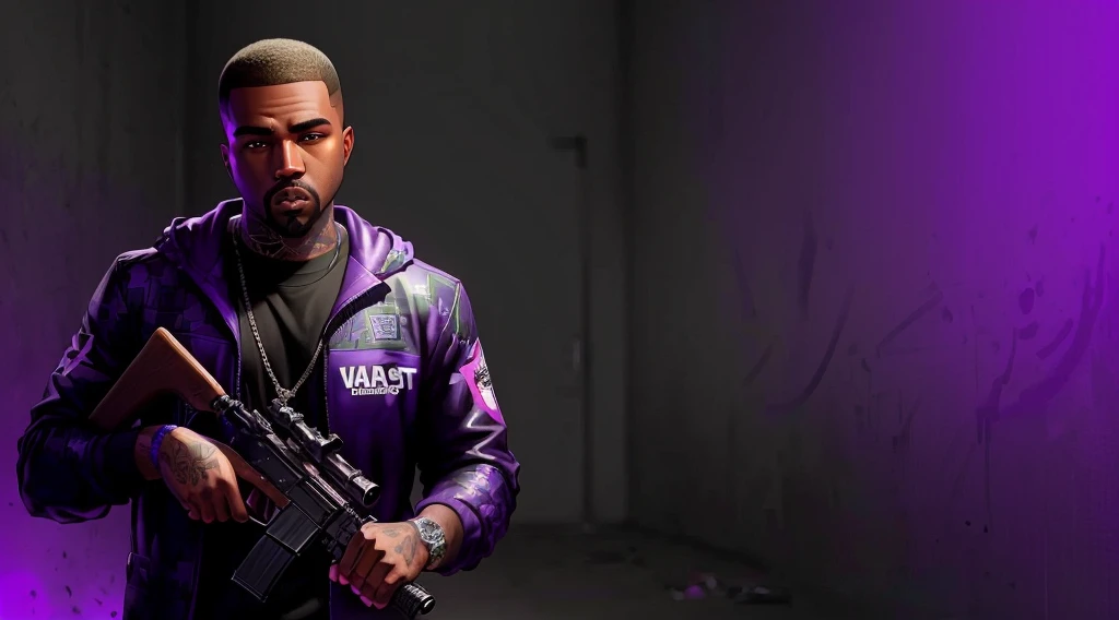 blurred image of a man holding a gun under a purple light, Kanye West em GTA V, Drake no GTA V, as the protagonist of gta 5, gta character, gta character v, gta loading screen art, GTA5 cover with 2D game art, like a GTAV character, Jesse Pinkman em GTA V, gta loading screen, gta v loading screen