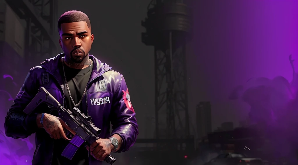 blurred image of a man holding a gun under a purple light, Kanye West em GTA V, Drake no GTA V, as the protagonist of gta 5, gta character, gta character v, gta loading screen art, GTA5 cover with 2D game art, like a GTAV character, Jesse Pinkman em GTA V, gta loading screen, gta v loading screen