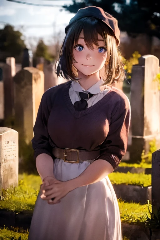 Young beautiful girl, Emma Myers, American, SOFT SMILING FACE, HAVE A BROWN HAIR, wears a old work cap, wears old-fashioned clothes, 19th century, poverty-stricken clothes, old torn clothes, 19th century period clothing, holding a bouquet, standing before her grandparents' tombstones, cemetery background, dark cities background, night time, midnight background.