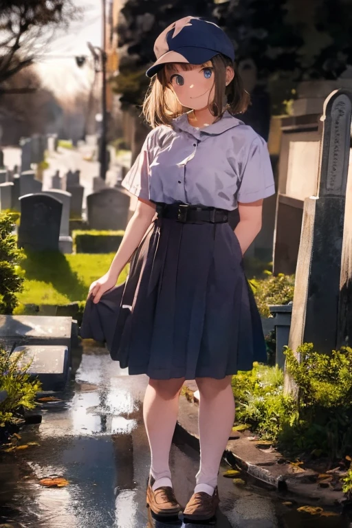 Young beautiful girl, Emma Myers, American, SOFT SMILING FACE, HAVE A BROWN HAIR, wears a old work cap, wears old-fashioned clothes, 19th century, poverty-stricken clothes, old torn clothes, 19th century period clothing, holding a bouquet, standing before her grandparents' tombstones, cemetery background, dark cities background, night time, midnight background.