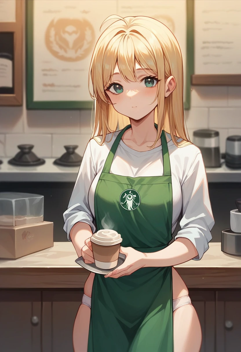 A beautiful, cute, long-haired teenage girl from Taiwan wearing a barista apron without underwear is playing with small children's toys cheerfully and happily