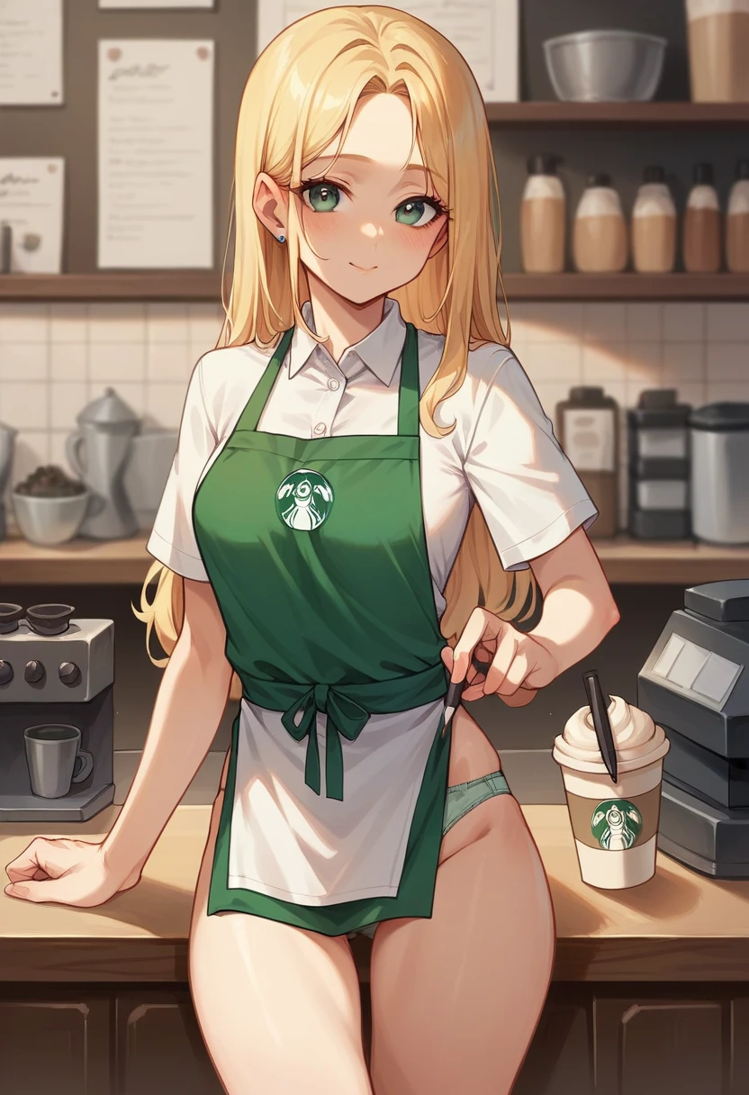 A beautiful, cute, long-haired teenage girl from Taiwan wearing a barista apron without underwear is playing with small children's toys cheerfully and happily