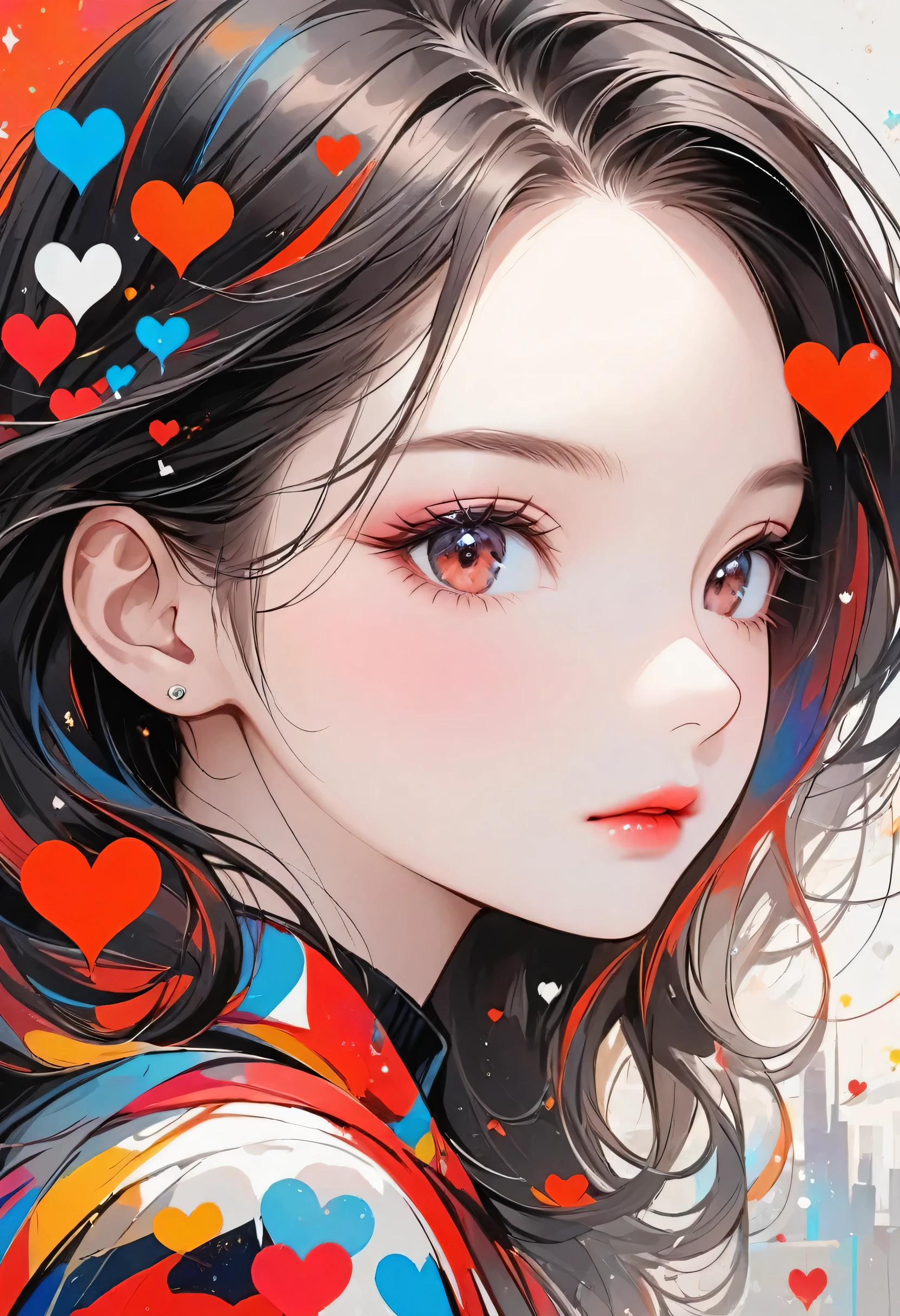 Black Star Red and White style, Simple Line Initialism,Abstract art,Urban Background, (((The most beautiful girl of all time))), Sweet face. Lips in love, colorful hearts, stylish design