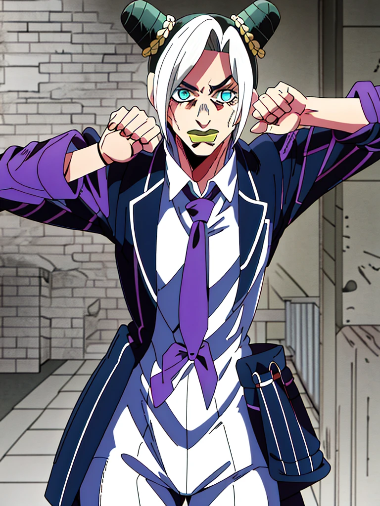naughty man, white neat hair, striking a pose with hands looking at the viewer, white suit with a purple tie, brown jeans.