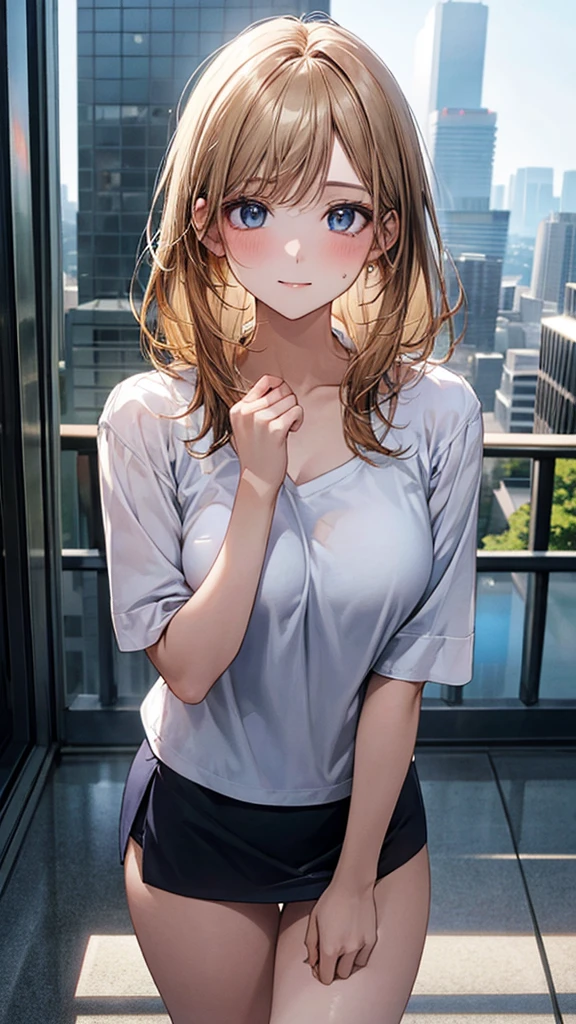 ((Highest quality, High resolution, masterpiece, detailed)),
Written boundary depth, View your viewers, Anatomically correct, 1people, woman, Perfect Face, Cute and symmetrical face, Shiny skin,
(Medium Hair, Blonde), blue eyes, (Large Breasts:0.9),
Beautiful details, Beautiful Hair, Beautiful Face, Beautiful clavicle, Beautiful body, Beautiful breasts, Beautiful thighs, Beautiful legs,
(shirt, mini skirt), shirtを引っ張る,
evening, Cityscape,