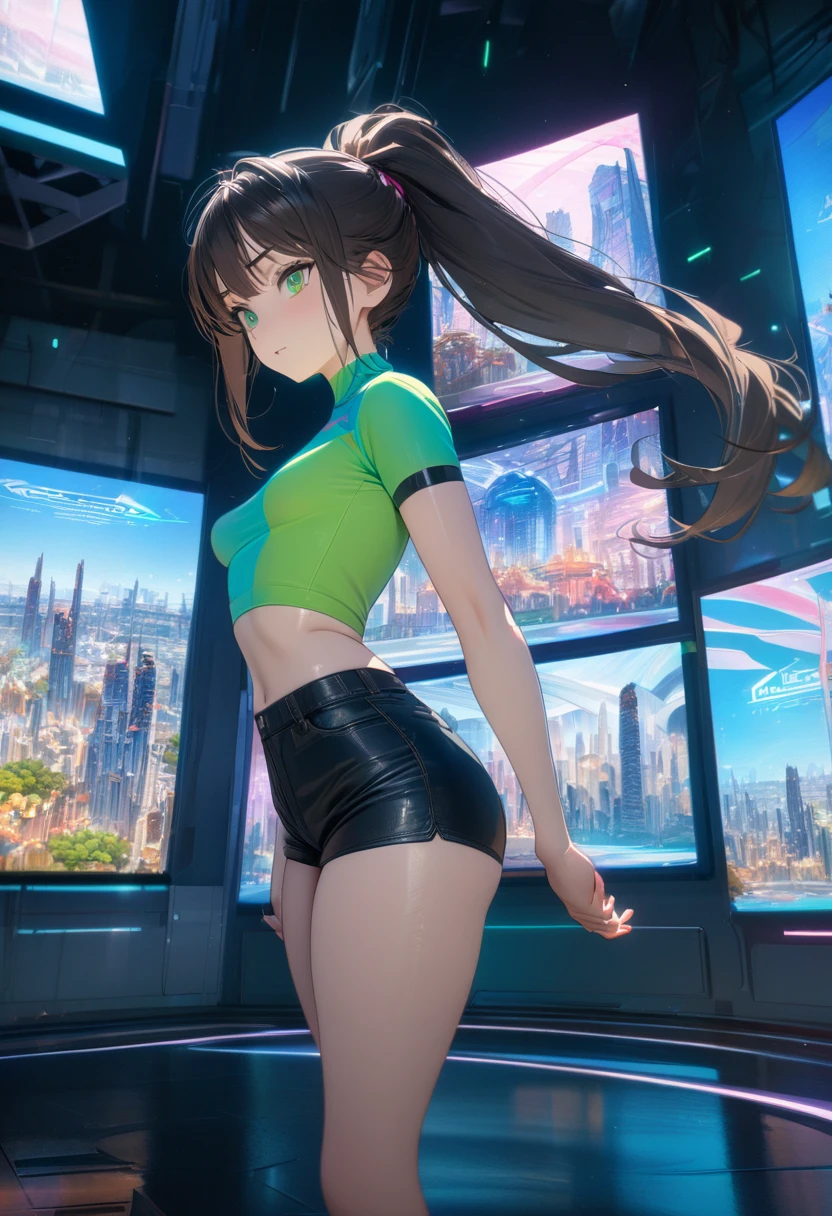 ((Best quality, 8K, masterpiece:1.5)), (anime style, ultra-detailed, vibrant colors:1.4),
1 anime girl, large expressive green eyes, long flowing dark hair tied in a ponytail,
slim waist, soft and kind facial expression,
camera angle from the side showing full body,
wearing ultra-short top and mini shorts,
confident stance, standing by a large window,
background: futuristic cityscape with towering skyscrapers, bright neon lights, advanced architecture,
bright natural lighting from the window, ultra-textured skin and hair,
highly detailed facial features, eyes reflecting light, soft shadows,
realistic hair strands, delicate highlights on the skin,
focus on the character with slightly blurred cityscape in the background