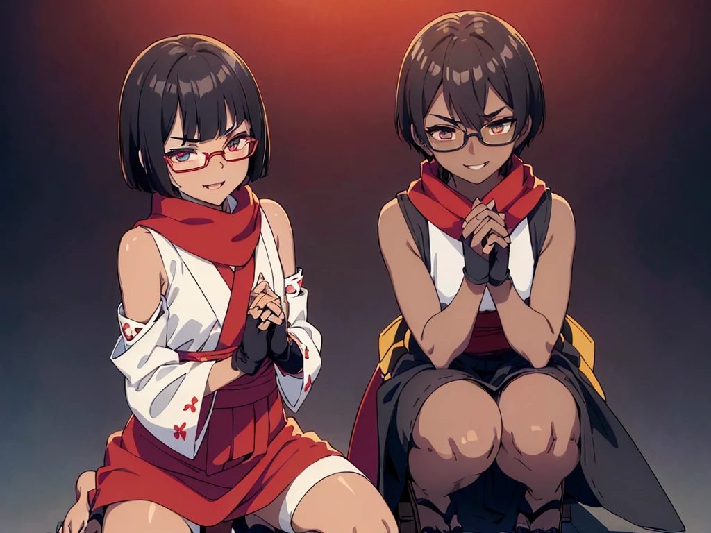 (flat chest), (masterpiece:1.2), highest quality, High resolution, unity 8k wallpaper, (fine and beautiful eyes:1.6), highly detailed face, perfect lighting, Detailed CG, (perfect hands, perfect anatomy), (2 boys:1.4), 20 years old,( black hair:1.3), extremely beautiful detailfeminine face and eyes, (evil smile:1.4), detailed eyes, best quality,( dark skin:1.8),   extremely detailed, very precise detailed,(glasses:1.3), blunt bangs, open mouth, (very short pixie cut:1.2), (geta:1.2),(fingerless gloves:1.5), smile, half closed eyes,long sidelocks,(long red Scarf:1.3),(sleeveless yukata),(on one knee:1.5) ,(own hands clasped:1.8), (spread legs:1.2),(kuji-in:1.5),
