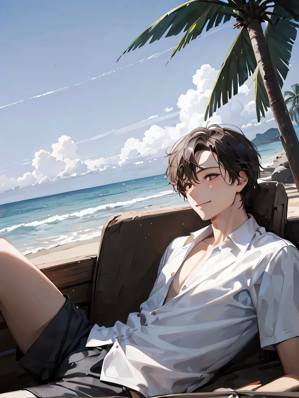 Highest quality、Young man looking at the sea、smile、profile、White sand beach、sun、Beautiful blue sky、White T-shirt、Black Hair、1 male