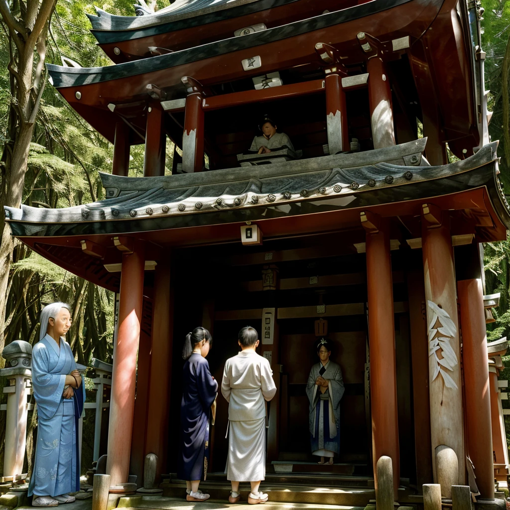 Highest quality、People praying in front of a Japanese shrine