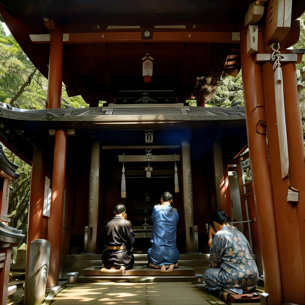 Highest quality、People praying in front of a Japanese shrine
