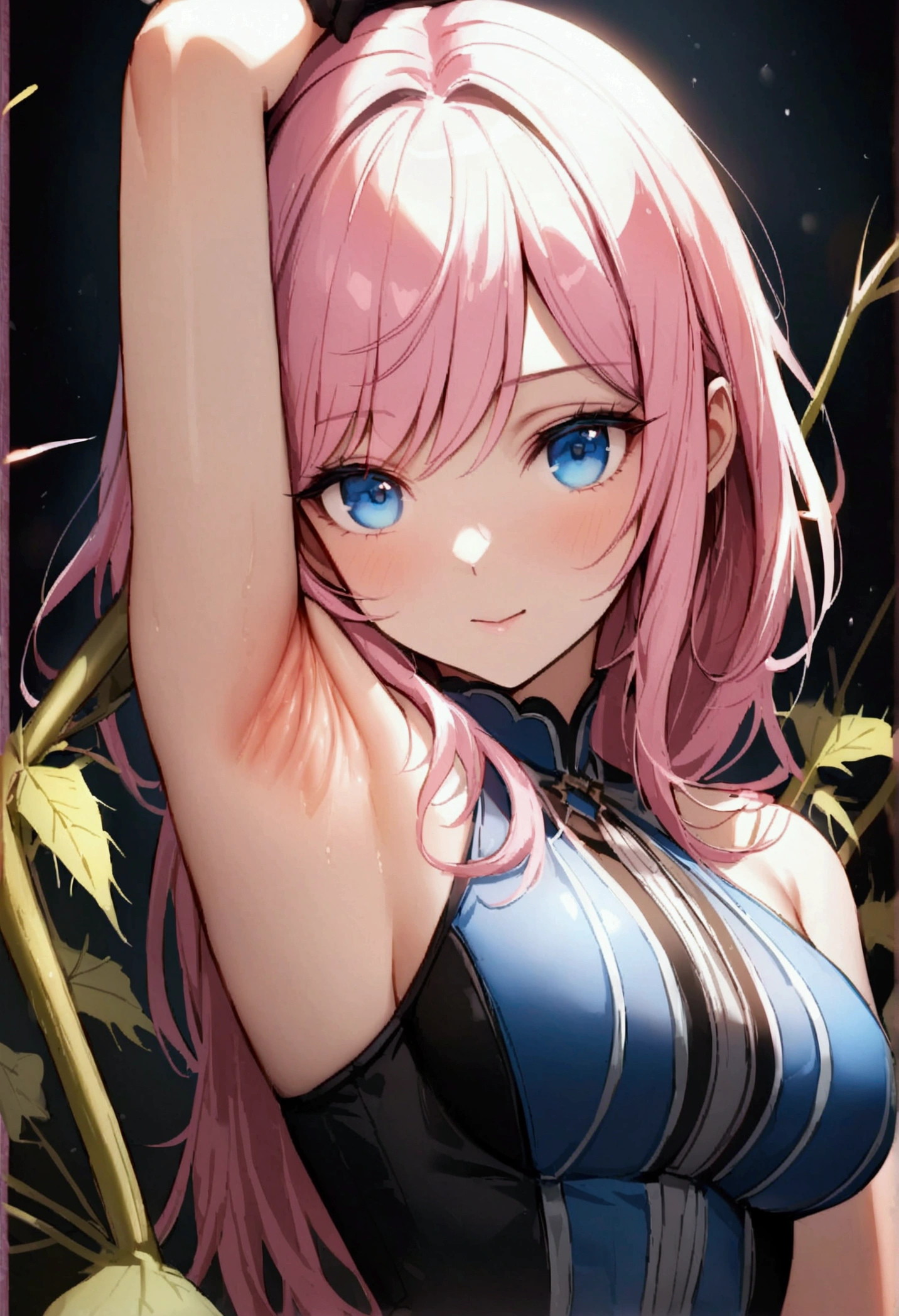 Glove in right hand、Burdock root in armpit、Cherish your life、Advertising、Pink haired woman、blue eyes