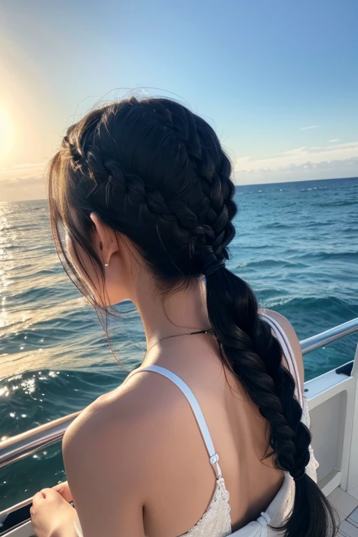fishing、Ocean、Braid、Long Black Hair、Back view、