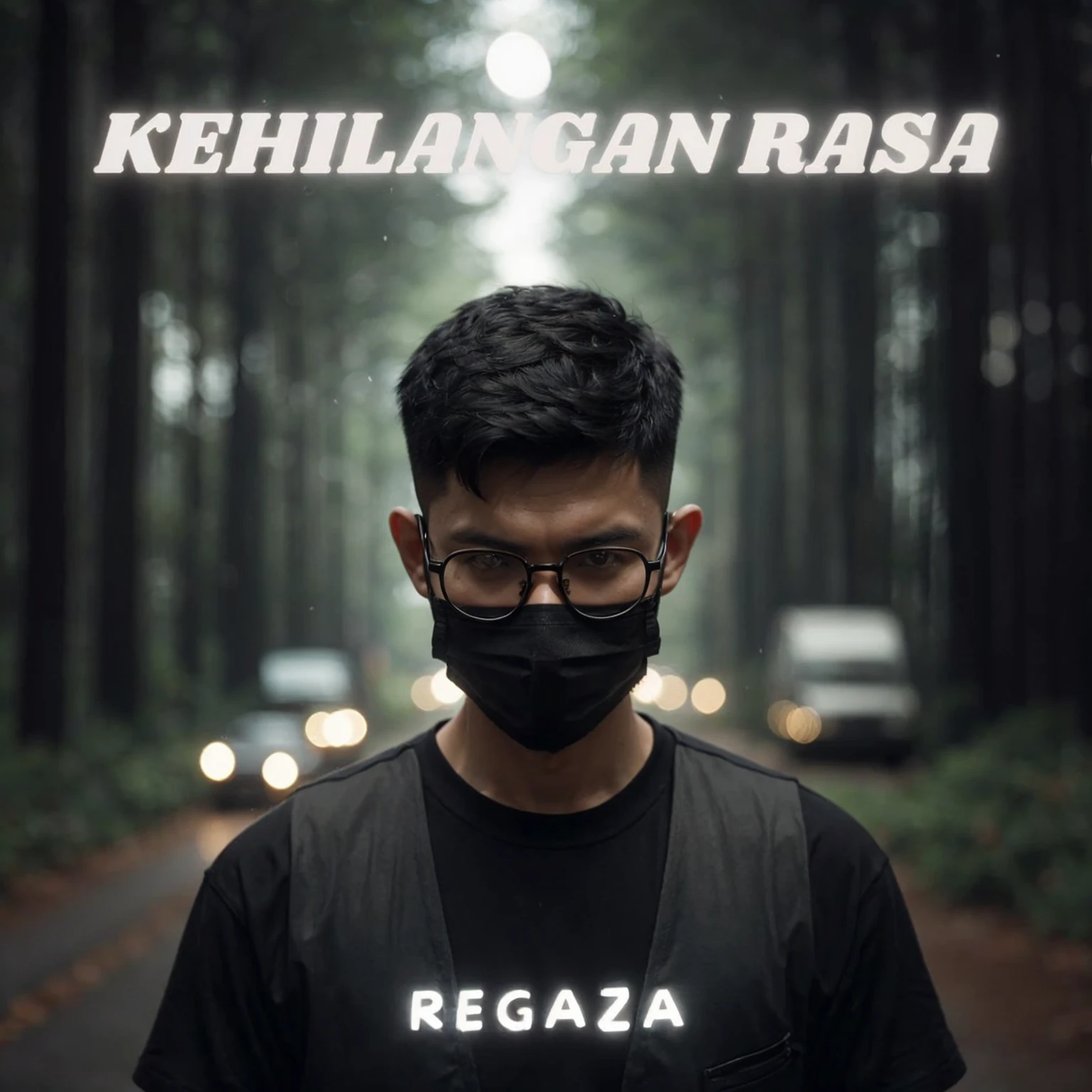 An Indonesian man wearing square glasses and a black mask, with short hair styled in a mid fade French crop. He is dressed in a black t-shirt with a gray vest. He stands in the middle of the street in forest with his head bowed, showing a sad expression. The scene is set on a deserted street under dark clouds, with a bokeh effect. Above the man, there is a title "Kehilangan Rasa" and below it, "REGAZA." The light is focused on the man, giving a cinematic, movie-like