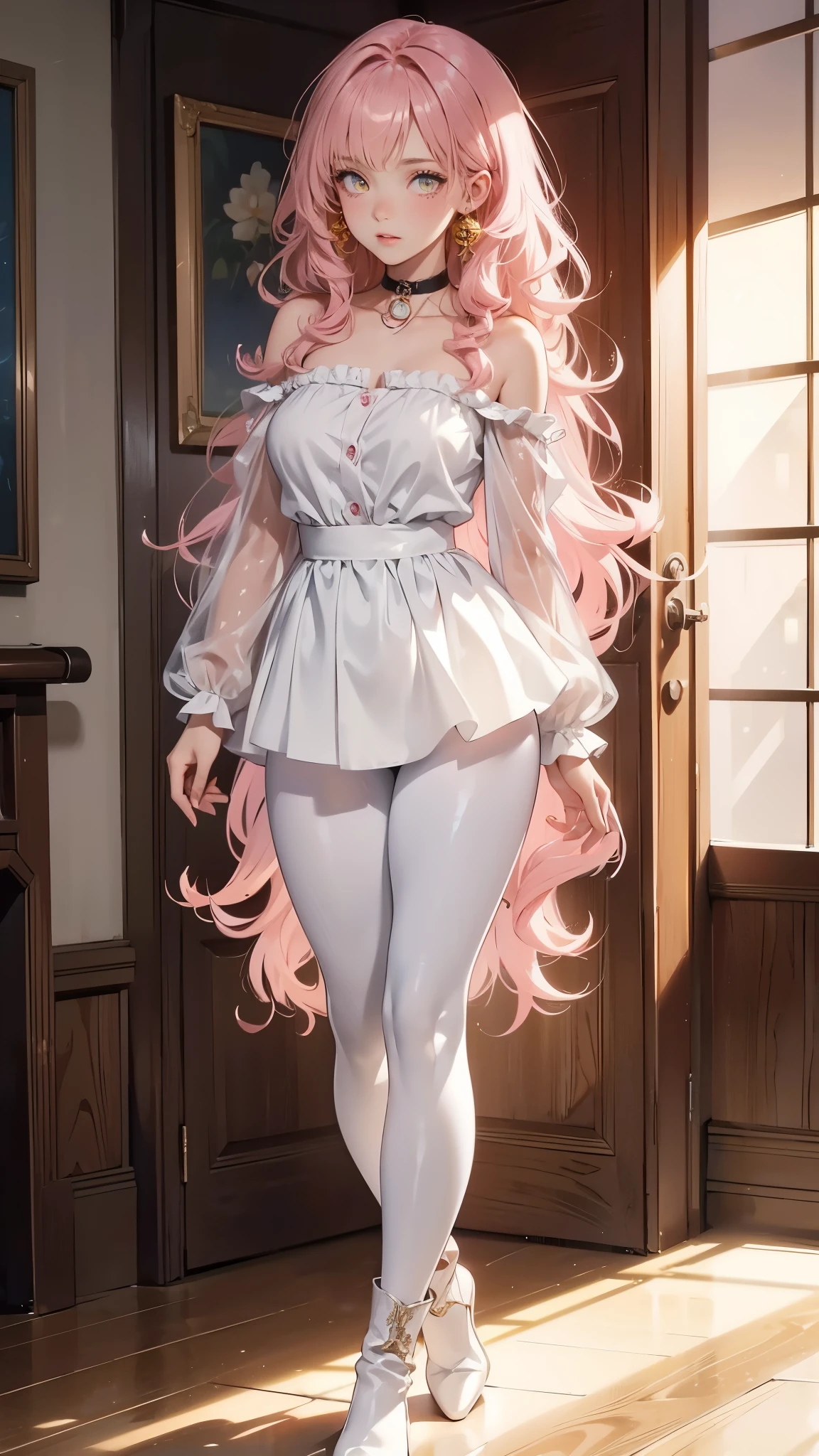 Big and beautiful pink hair, curly hair ; break; yellow eyes, rosto angelical, gorgeous face, blushed face; rosto ultra detaild; break ; wearing a loose pink and white blouse, wearing black leggings, wearing high brown leather boots, choker ; break ; (best qualityer), ((ultra detaild)), (best resolution, ( 4K ) soft strokes, role model, work of art, closes ; break ; (cozy room in the back)