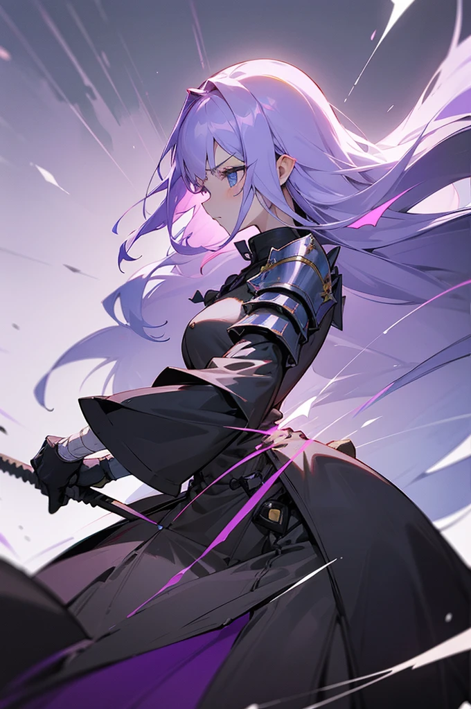 (Beautiful girl，Royal Knights，Wear portable protective gear)，Light purple hair、Long Hair、Portrait of a noble knight，Speed Line，Combat Stance，Wield a huge weapon，Expressionless，the below described，magma，Big Grim Reaper Scythe、Stocky body、Shoulders out
