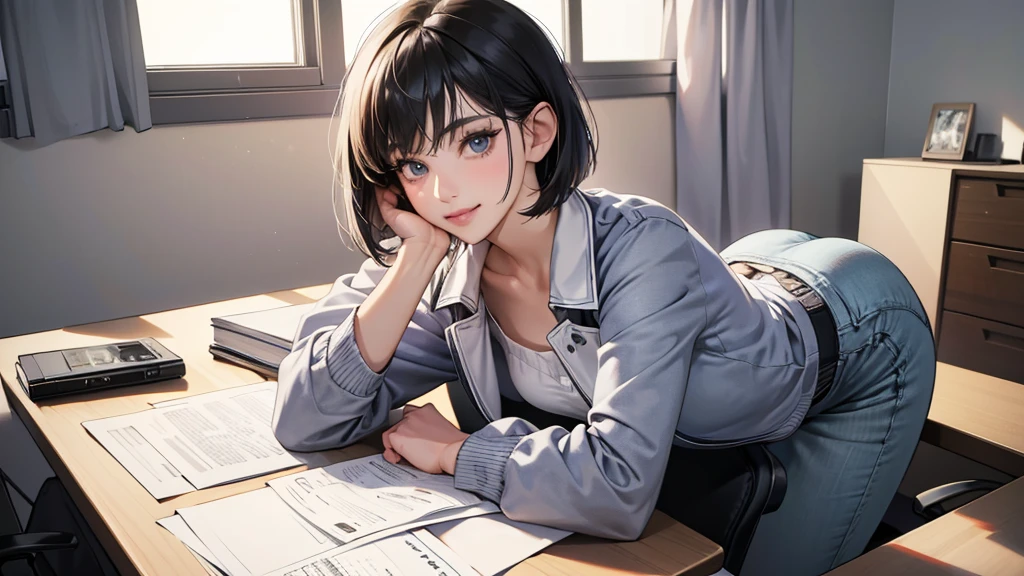 (perfect anatomy:1.2)(absurdres, highres, ultra detailed),masterpiece,best quality,high resolution,8k,Realistic face,Realistic skin texture,magnified textures, stunning clarity,detailed anime girl,(ultra detailed eyes and face),(1 girl:1.2)21years old,she is office worker,,smile:1.2,black hair, bob cut,natural make,grey jacket and pants,white brouse,,sparkling eyes.small nose,roundface,She looks happy,She is sitting at her desk in her office,Looking at the VIEWER with the expression of a maiden in love
