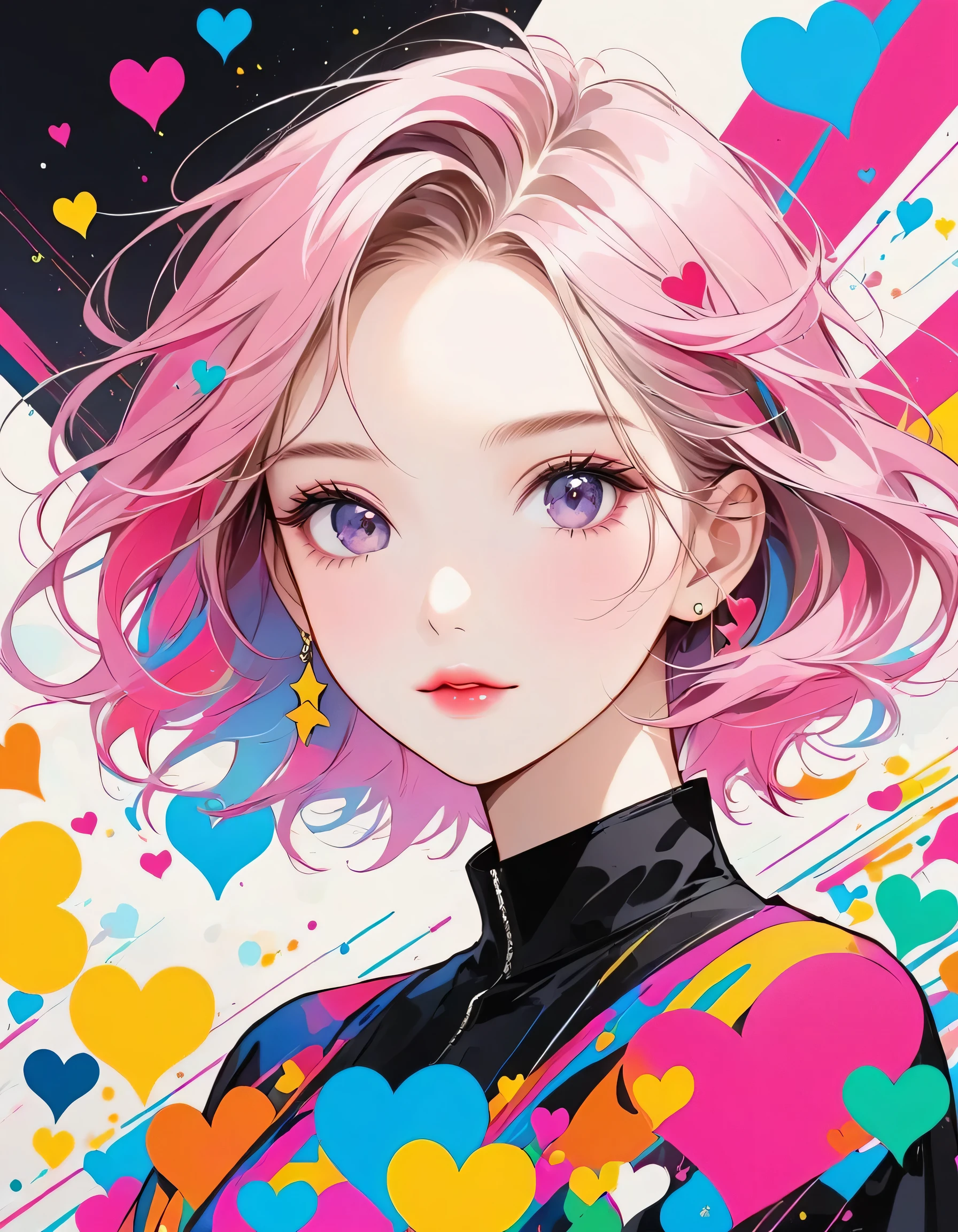 Black Star Pink and White style, Simple Line Initialism,Abstract art,Urban Background, (((The most beautiful girl of all time))), Sweet face. Lips in love, colorful hearts, stylish design