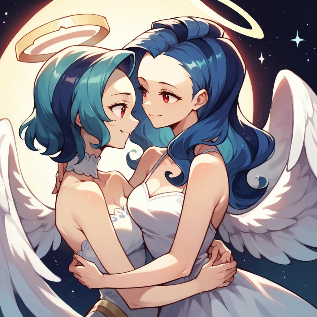 a woman, teal hair, red eyes, smile, angel wings, golden halo, white dress, standing upright, in outer space, Milky Way in the background, stars in the distance, upper body