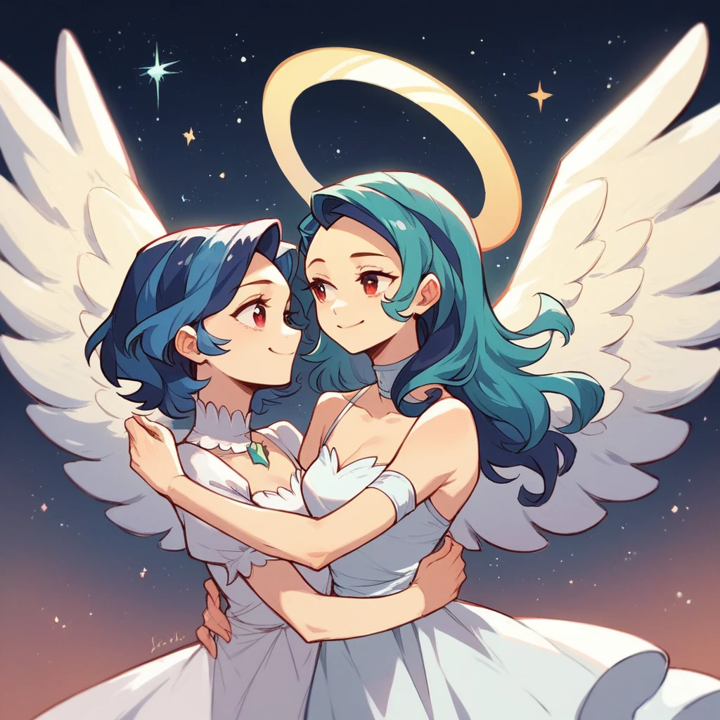 a woman, teal hair, red eyes, smile, angel wings, golden halo, white dress, standing upright, in outer space, Milky Way in the background, stars in the distance, upper body