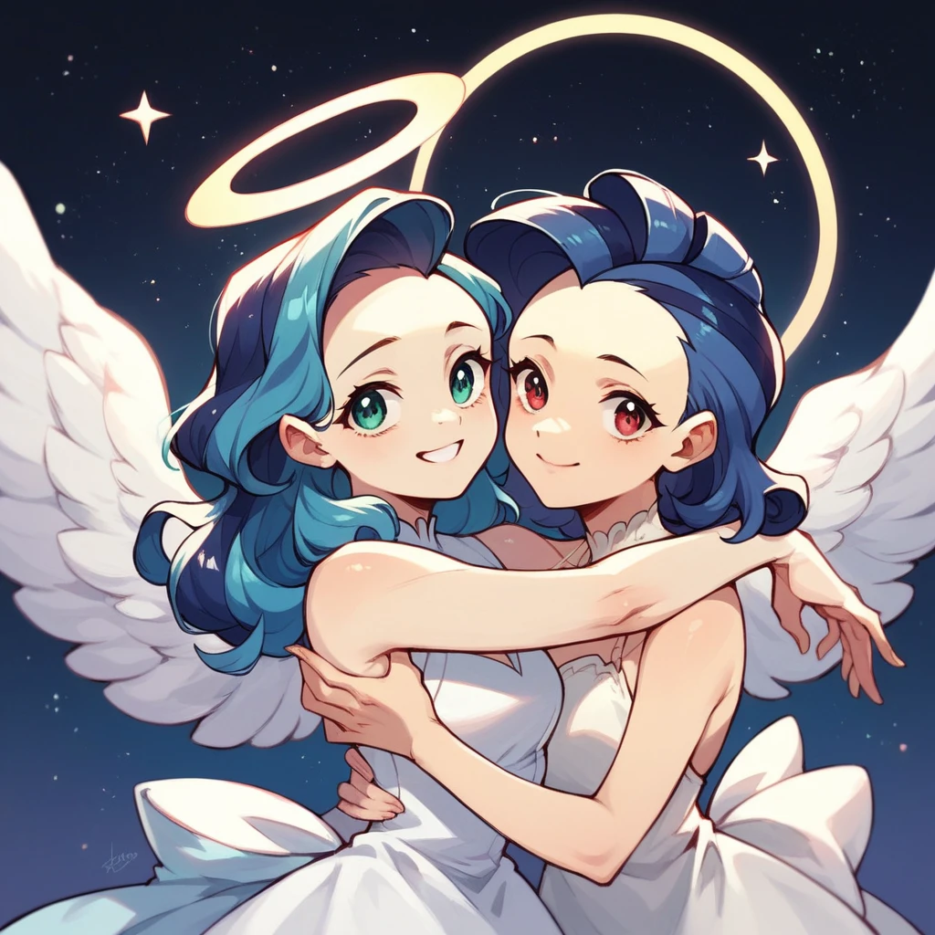 a woman, teal hair, red eyes, smile, angel wings, golden halo, white dress, standing upright, in outer space, Milky Way in the background, stars in the distance, upper body