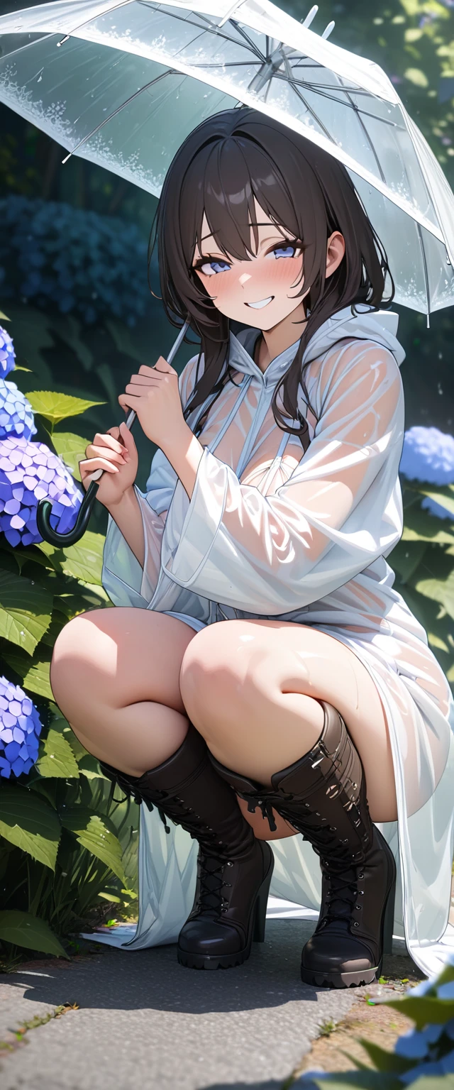 (masterpiece),(Highest quality:1.2),(Very detailed:1.2),(High resolution),8k,wallpaper,One female,A Japanese woman is squatting and looking at hydrangeas by the roadside,Wearing a see-through white raincoat,Holding a see-through white umbrella,See-through micro bikini,Boots,garden,Beautiful Skin,Functional,(A lewd and vulgar smile),(Enchanted face),(((hands))),(front:1.5),(((It&#39;s raining heavily))),(((Cloudy))),(((Surrounded by beautiful hydrangea flowers)))