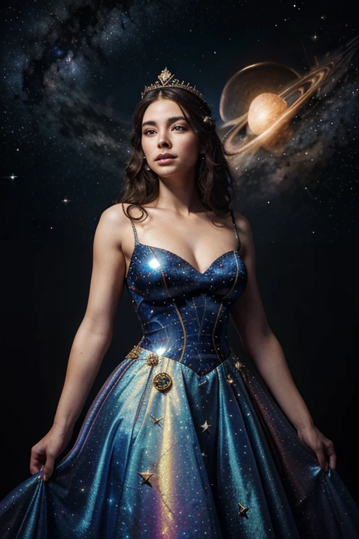 Draw a beautiful woman, queen of astrology, with a crown of planets and stars, in a magical dress made of comets and energy, Against the backdrop of space