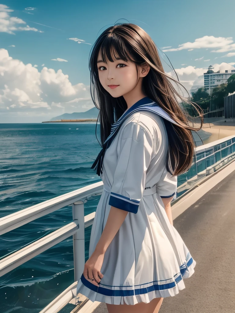 (SONY_α1.SEL50F12GM.Combined shooting)、(One Girl)、alone、Ultra high definition,((最high quality, 8k, masterpiece: 1.3, Ultra HD, high quality, 最high quality, High resolution, realism)) 、Very beautiful 18 year old Japan 、High school girls,Lady,clear、I'm wearing a sailor suit、Wearing a sailor collar dress uniform with lace frills、Wear loafers、Hair color is light brown、black eye、Medium Hair、Straight hair、smile、Walk along the high seawall on the coast、The blue sky is beautiful、There is a road in front of the breakwater....、The sea is beautiful、Beautiful horizon、 An island is visible offshore、Entering the clouds above the horizon、Island Lighthouse