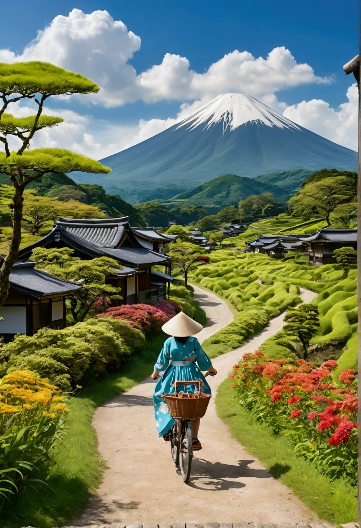 A beautiful countryside scene with a clear, bright blue sky filled with fluffy white clouds. Majestic mountains rise in the background, covered with lush green trees and vegetation. In the foreground, a narrow dirt path winds through vibrant green fields dotted with colorful flowers, leading to a small stream that flows alongside the path. A woman dressed in a light summer dress and a wide-brimmed hat rides a bicycle along the path, carrying a basket. Traditional Japanese-style houses are scattered throughout the landscape, blending harmoniously with the natural surroundings. The overall atmosphere is serene and idyllic, capturing the essence of a peaceful rural life