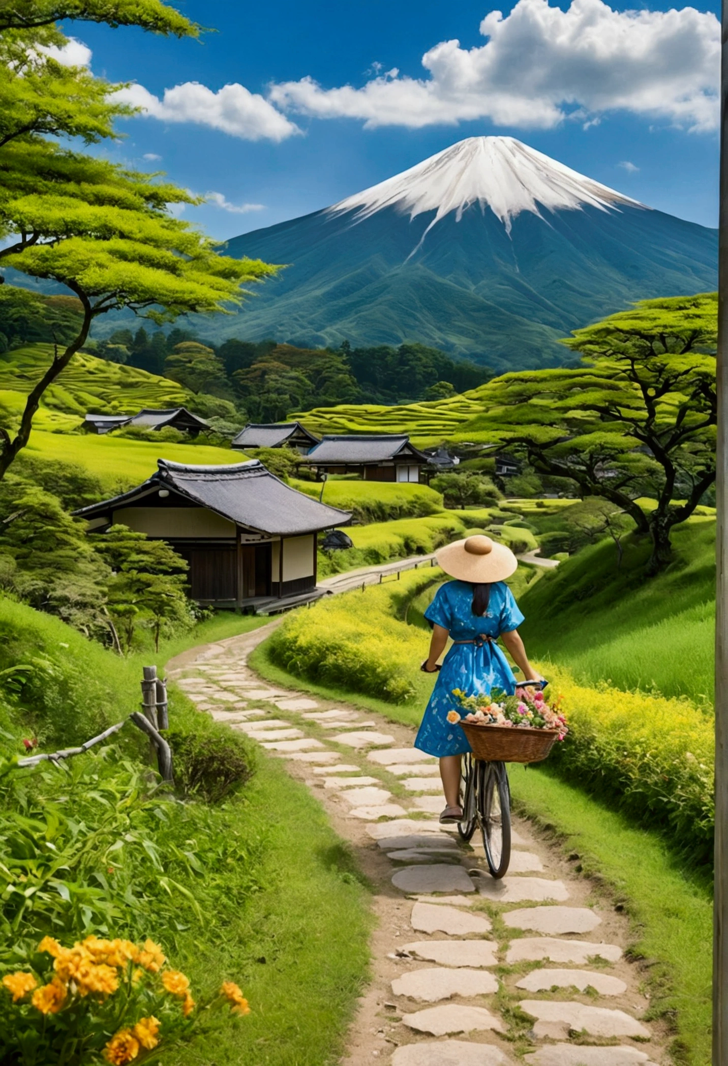 A beautiful countryside scene with a clear, bright blue sky filled with fluffy white clouds. Majestic mountains rise in the background, covered with lush green trees and vegetation. In the foreground, a narrow dirt path winds through vibrant green fields dotted with colorful flowers, leading to a small stream that flows alongside the path. A woman dressed in a light summer dress and a wide-brimmed hat rides a bicycle along the path, carrying a basket. Traditional Japanese-style houses are scattered throughout the landscape, blending harmoniously with the natural surroundings. The overall atmosphere is serene and idyllic, capturing the essence of a peaceful rural life