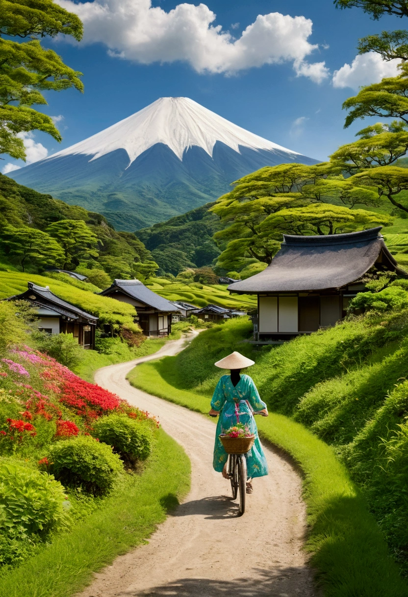 A beautiful countryside scene with a clear, bright blue sky filled with fluffy white clouds. Majestic mountains rise in the background, covered with lush green trees and vegetation. In the foreground, a narrow dirt path winds through vibrant green fields dotted with colorful flowers, leading to a small stream that flows alongside the path. A woman dressed in a light summer dress and a wide-brimmed hat rides a bicycle along the path, carrying a basket. Traditional Japanese-style houses are scattered throughout the landscape, blending harmoniously with the natural surroundings. The overall atmosphere is serene and idyllic, capturing the essence of a peaceful rural life