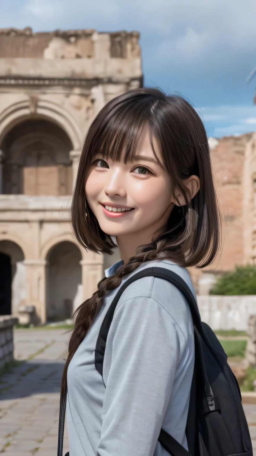 Best picture quality (8k, high resolution, Masterpiece: 1.2), super detailed, 215 Short Hair,Three braids long hair, 26-year-old woman,
situation: Explore the ancient ruins of a mysterious island。
detailed:
angle: Profile of a man gazing with interest at murals and sculptures at the ruins。
clothing: Explorer-style clothing、Backpack、Light。
atmosphere: A place where you can feel the weight of history in silence、The joy of discovery is in the air。
,Active Pause ,
Beside her、The thunder danced。
Focus on the waist above
, random cute pose ,big eyes ,Puffy eyes , Heart Pupil, blush , huge shy smile , salute