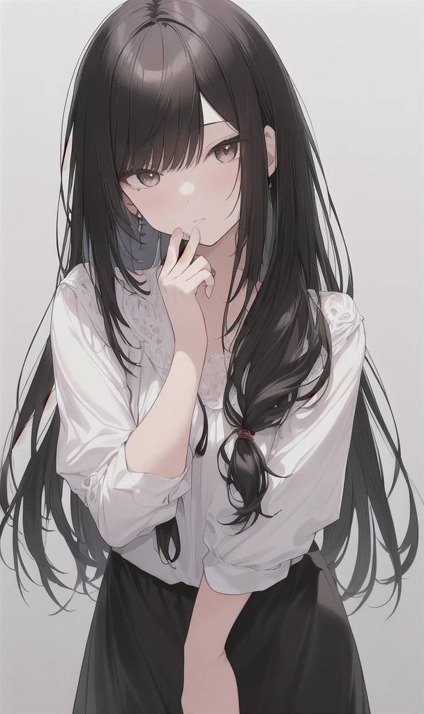 Photo of your ID。The person in the photo is a 28-year-old woman.。Her hair is black and straight.、The round eyes are reminiscent of a cat and the expression is gentle.。Dressed in a white blouse