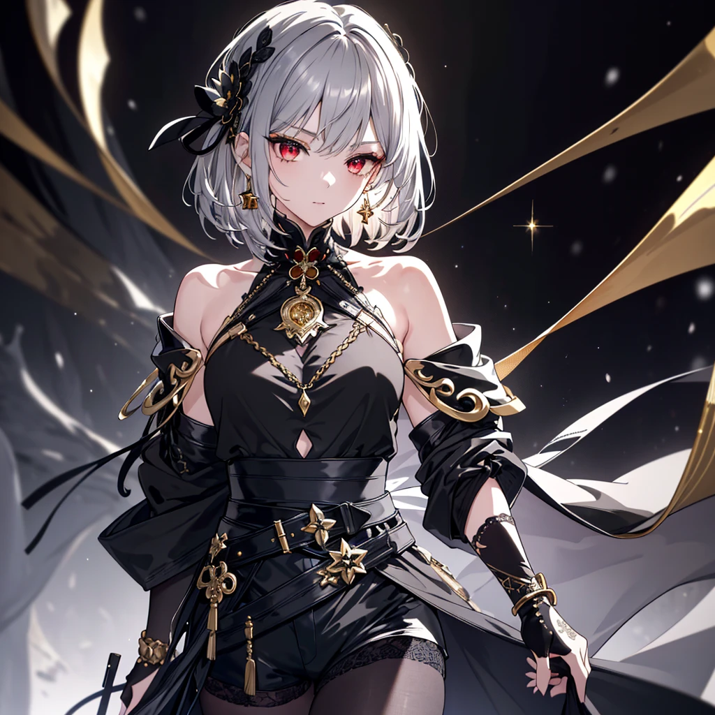 8k,High resolution RAW color art,Anime Art,Silver Marble Skin, (((Very detailed and cool))), Detailed skin, Bokeh、texture,(Exquisitely crafted, The finer details, Ultra-detailed art), (((1 girl))), Depth of written boundary, Silky Touch, Hyper Detail, (((Cool face))), eye shadow、Armed women, Beautiful detailed red eyes, Beautiful lip detail, Highly detailed face, Delicate depiction of hair and eyes, Detailed Fashion, Golden Earrings,Full body depiction, Black half top、(((Shoulder Bare)))、Black shorts、Waist Cloak、black tights、Golden decoration, Grey Hair, Golden bracelet, Straight Hair、Short Hair、(((Hair)))、Simple Background、(((Black theme)))、snow、Side view、Crouch、look up、cloth、cool