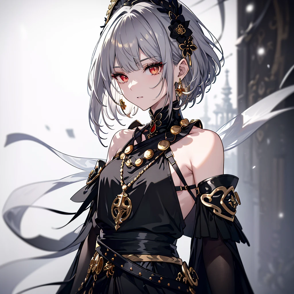 8k,High resolution RAW color art,Anime Art,Silver Marble Skin, (((Very detailed and cool))), Detailed skin, Bokeh、texture,(Exquisitely crafted, The finer details, Ultra-detailed art), (((1 girl))), Depth of written boundary, Silky Touch, Hyper Detail, (((Cool face))), eye shadow、Armed women, Beautiful detailed red eyes, Beautiful lip detail, Highly detailed face, Delicate depiction of hair and eyes, Detailed Fashion, Golden Earrings,Full body depiction, Black half top、(((Shoulder Bare)))、Black shorts、Waist Cloak、black tights、Golden decoration, Grey Hair, Golden bracelet, Straight Hair、Short Hair、(((Hair)))、Simple Background、(((Black theme)))、snow、Side view、Crouch、look up、cloth、cool
