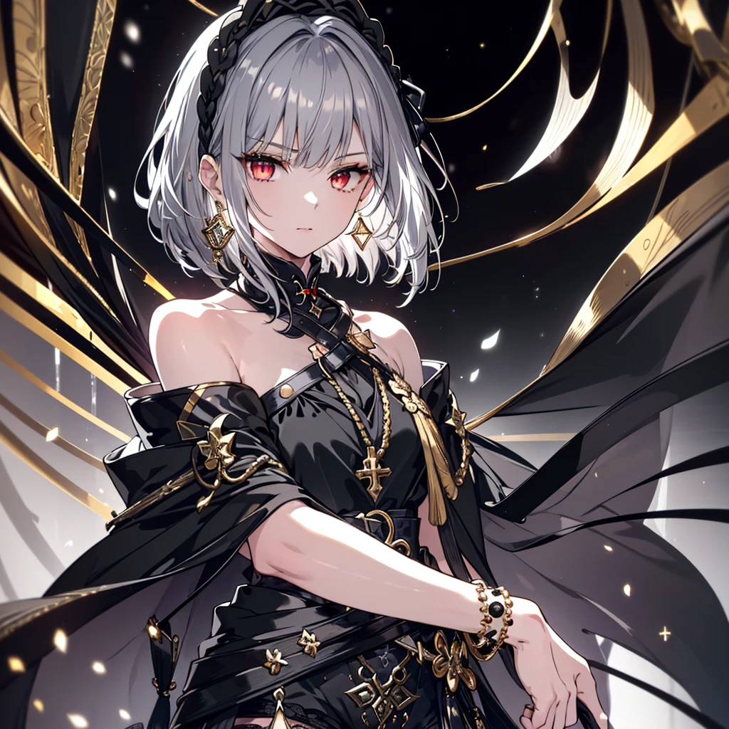 8k,High resolution RAW color art,Anime Art,Silver Marble Skin, (((Very detailed and cool))), Detailed skin, Bokeh、texture,(Exquisitely crafted, The finer details, Ultra-detailed art), (((1 girl))), Depth of written boundary, Silky Touch, Hyper Detail, (((Cool face))), eye shadow、Armed women, Beautiful detailed red eyes, Beautiful lip detail, Highly detailed face, Delicate depiction of hair and eyes, Detailed Fashion, Golden Earrings,Full body depiction, Black half top、(((Shoulder Bare)))、Black shorts、Waist Cloak、black tights、Golden decoration, Grey Hair, Golden bracelet, Straight Hair、Short Hair、(((Hair)))、Simple Background、(((Black theme)))、snow、Side view、Crouch、look up、cloth、cool