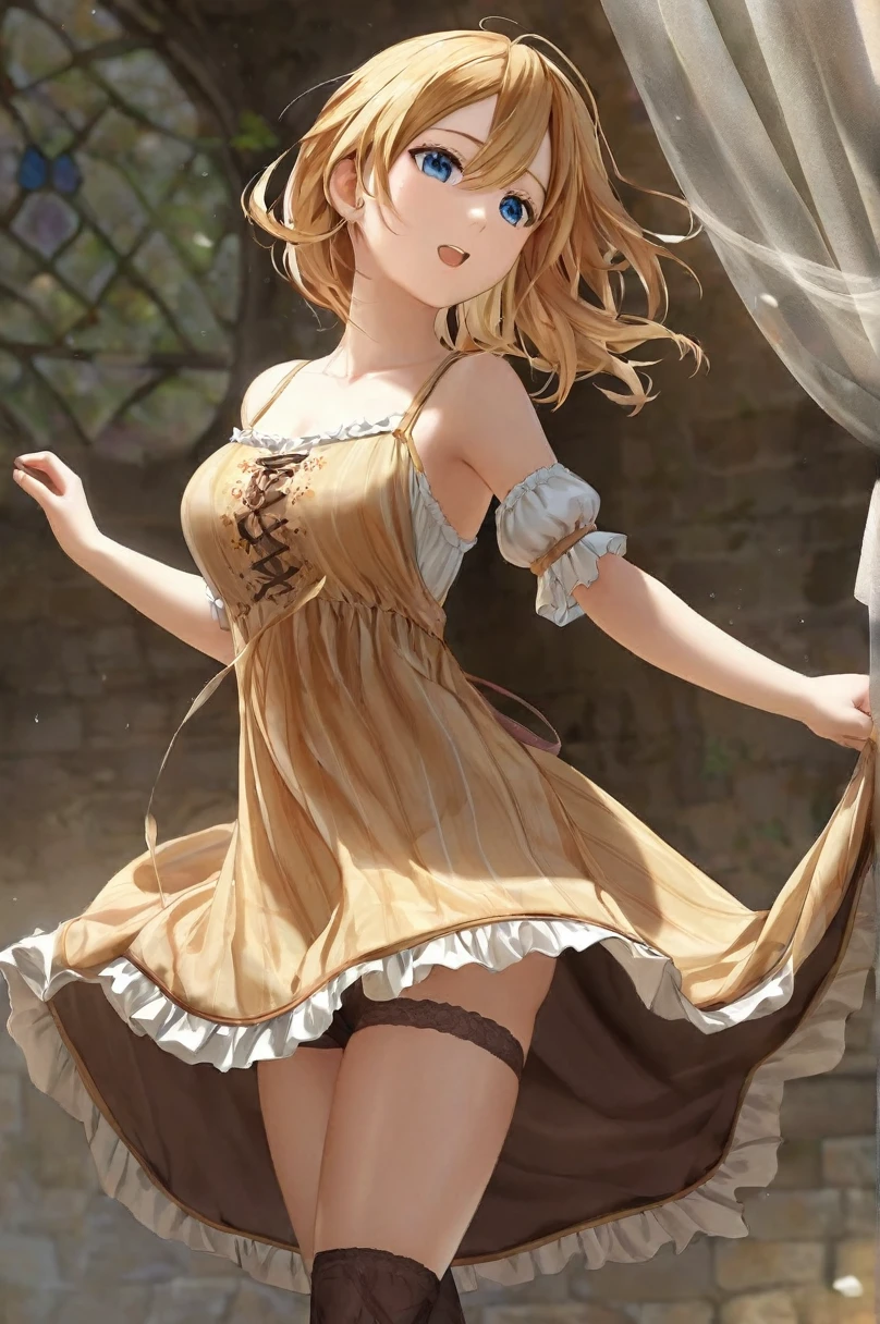  girl underwear,Hayasaka Ai、Realistic bloomers made from patterned cotton fabric, Medieval one-piece dress with panniers, Fabric Realism, Low - Angle, I see bloomers, Pull up the dress by hand, Strong winds, Translucent slip, Translucent slip, tights, Highest quality, whole body