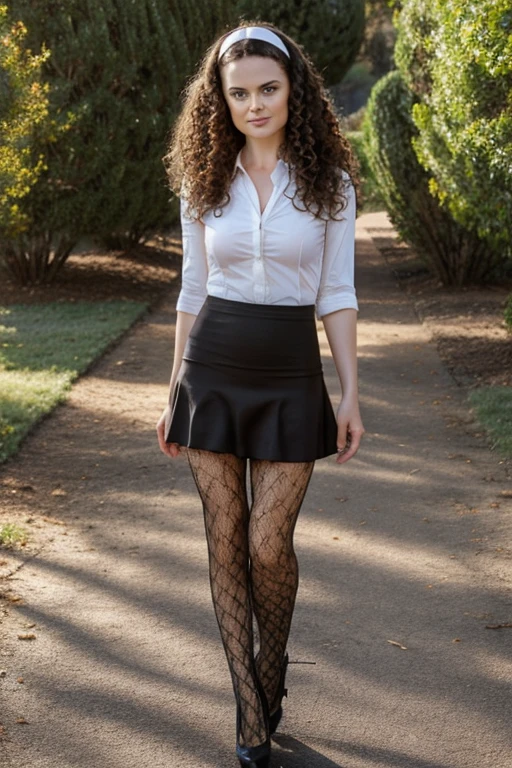 Emily Deschanel , very puffy curly hair, head band, very tiny miniskirt, jacquard pantyhose, high heels, sun shiny day