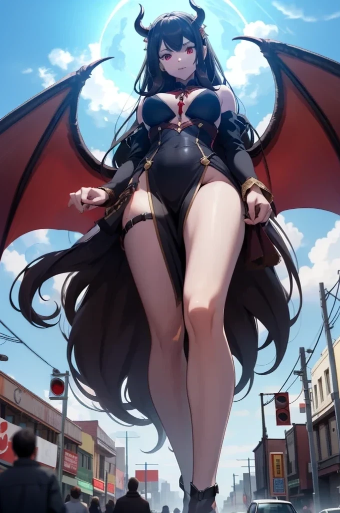 giant girl 50,000 feet high，Have a pair of long legs，Possessing a pair of huge blood-red demon wings，And a pair of blood-red devil eyes，Has blood-red waist-length hair，Loose hair，Wearing a pair of high heellood red curly hair，Holding a demon sword，A look of enjoyment，Standing tall in a small town crowded with people, destroying them wantonly，It seems like an invincible existence