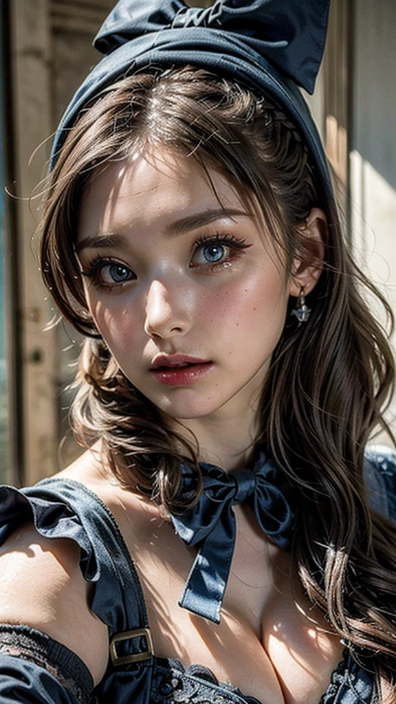 One girl, masterpiece, (Highest quality), 8k, Detailed skin texture, Detailed cloth texture, ((Beautifully detailed face:1.4)),((Dress wear)), Intricate details, Super detailed, Alice in Wonderland, (A ribbon on her head:1.1), ((Upper Body)),((Natural big breasts:1.4)),((Very beautiful big eyes))