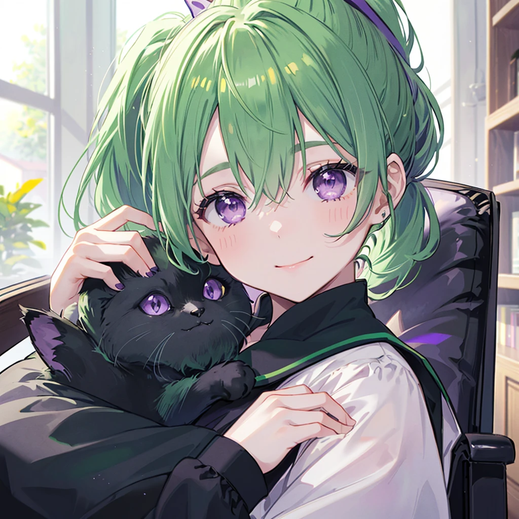 ((((woman、Sit on a chair、Black cat on lap、Close-up)))) (((uniform Green Hair、ponytail Purple Eyes Inside the room))) ((Sunshine enters)) (smile) Shining Edge、Shining Background