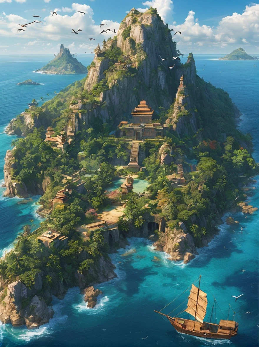 (Bird&#39;s eye view:1.5)，An ancient treasure map，Horizon leading to an exotic island。The island is covered with lush tropical vegetation、Mysterious ancient buildings and a towering mountain。This is an obvious destination for daring explorers。The sky is dotted with birds，There&#39;s a sense of adventure in the air，The boundless blue sea is inhabited by various marine creatures.。A wooden boat with an elegant sail awaits in the nearby bay.，Prepare to start a cross-sea journey。