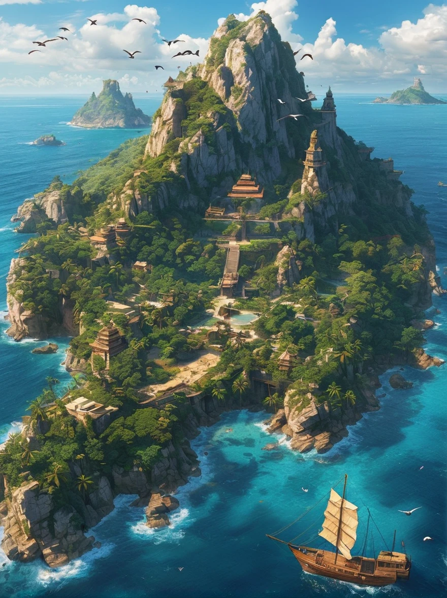 (Bird&#39;s eye view:1.5)，An ancient treasure map，Horizon leading to an exotic island。The island is covered with lush tropical vegetation、Mysterious ancient buildings and a towering mountain。This is an obvious destination for daring explorers。The sky is dotted with birds，There&#39;s a sense of adventure in the air，The boundless blue sea is inhabited by various marine creatures.。A wooden boat with an elegant sail awaits in the nearby bay.，Prepare to start a cross-sea journey。